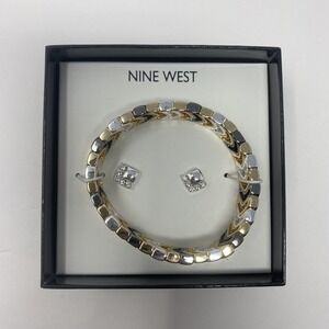 Nine West Two Tone Stretch Bracelet & Crystal Stud Earrings Set New in Box